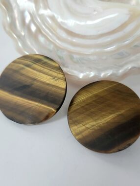 Large Golden Brown Round Tiger's Eye Stone Discs Stud Earrings Statement Jewelry
